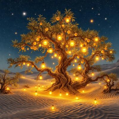 The primary subject of the image is a tree with a lot of lights on it, creating a magical and enchanting atmosphere. The tree is located in a desert-like setting, with a sandy surface visible in the background. The visual style of the image is a digital art or illustration, showcasing the tree and its lights in a vibrant and captivating manner. The colors and mood of the image are predominantly warm and inviting, with the lights on the tree adding a sense of wonder and